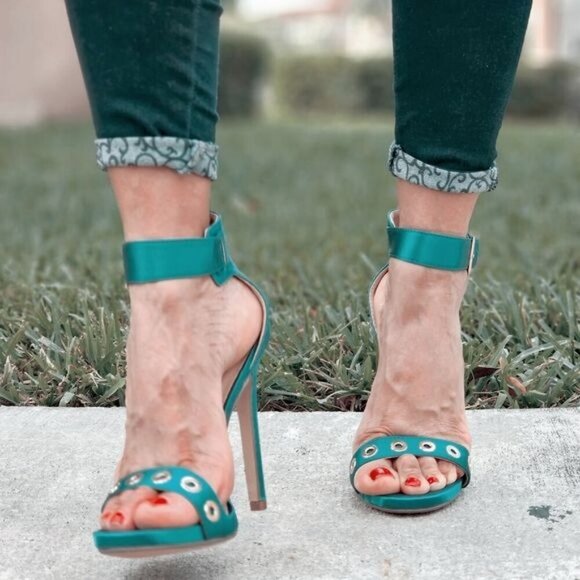 Shoes - Women's Strappy Ankle High Heel Sandals Teal Color